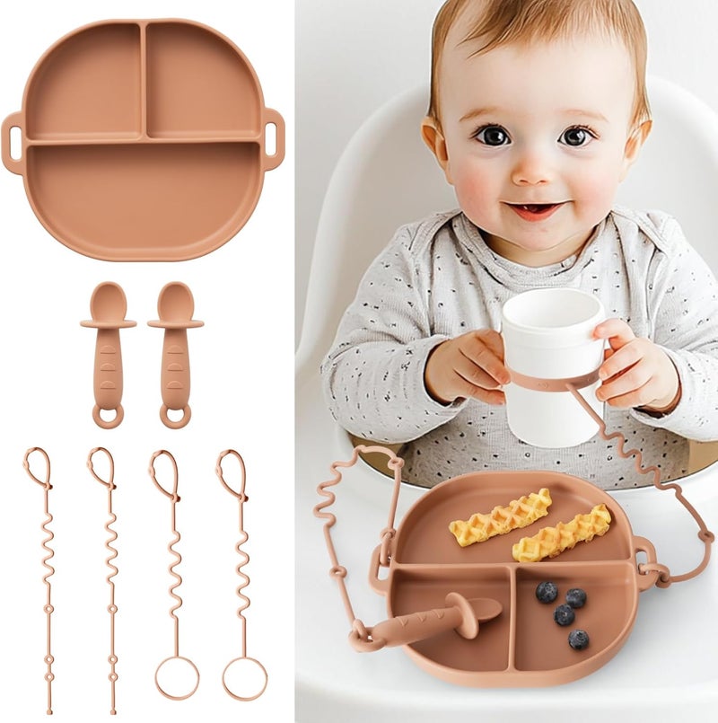 YIVEKO Baby Plates with Suction Silicone Baby Spoons Divided Baby Plates Silicone Baby Safety Toy Straps Baby Bottle Bungees Baby Feeding Set All-in-one-Brown - Image 1